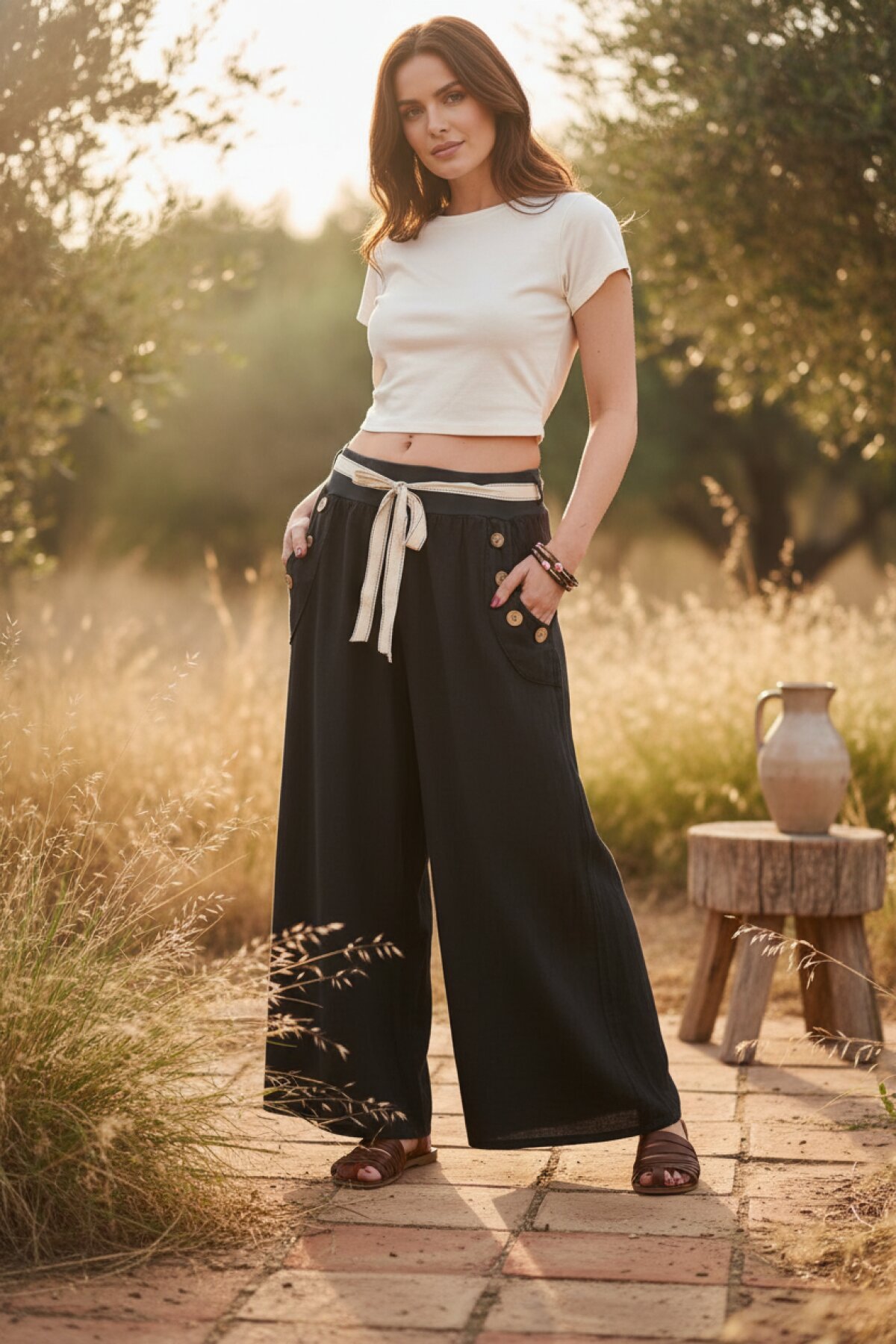 Antrasit Otantik Bol Paçalı İtalyan Korsajlı Düğme Detaylı Kemerli Keten Pantolon - EREN STYLE