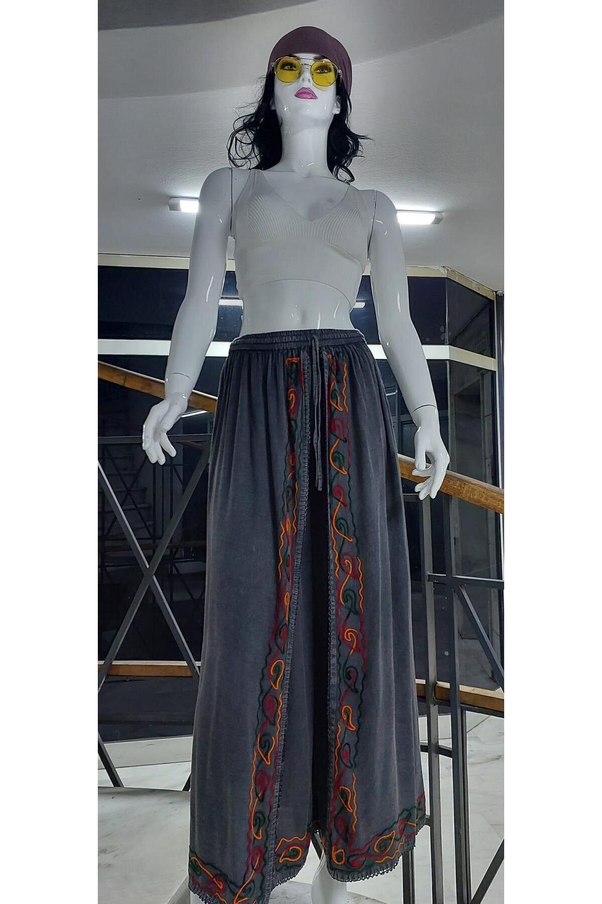 Antrasit Otantik Nakış İşlemeli Harem Şalvar Pantolon - EREN STYLE