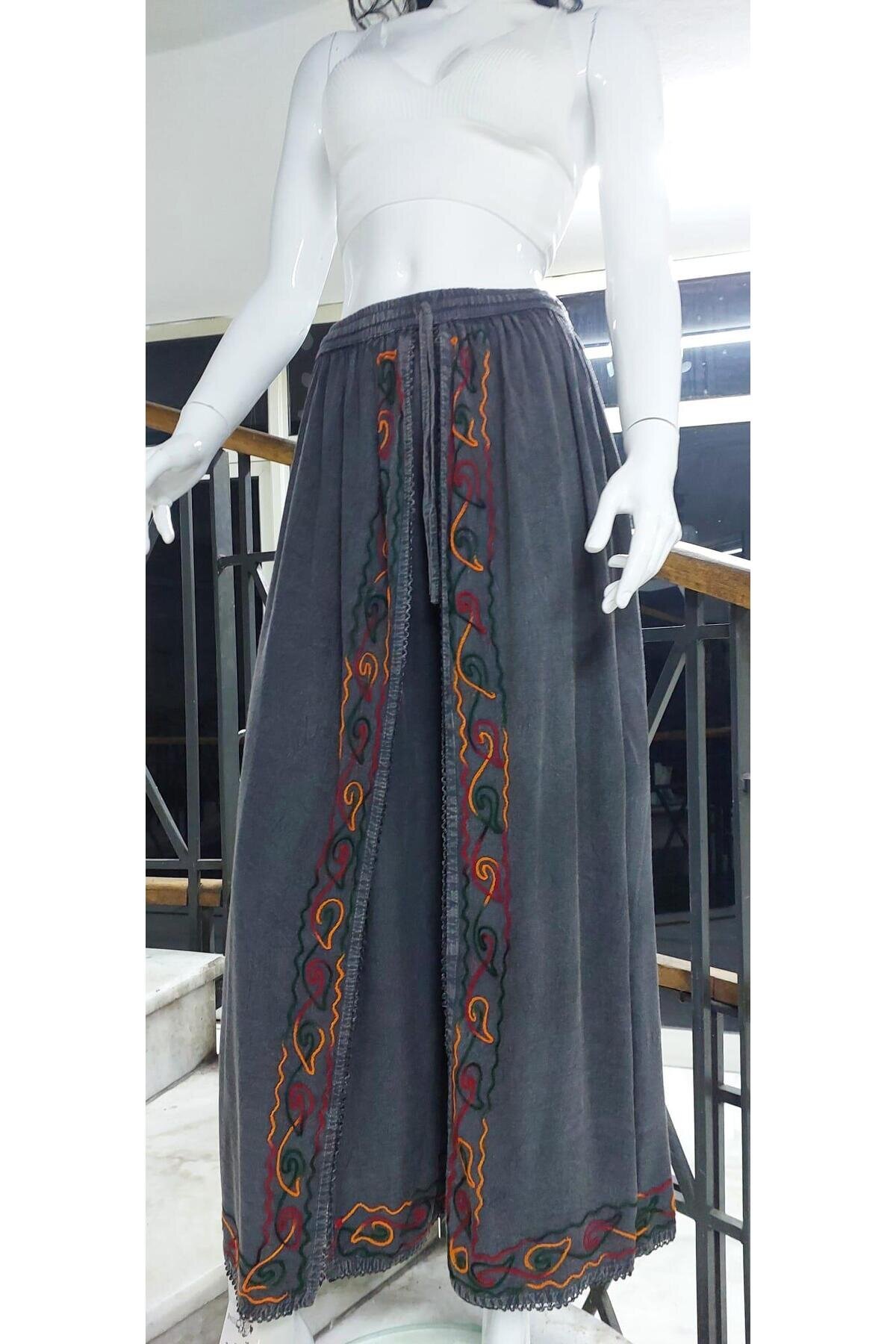 Antrasit Otantik Nakış İşlemeli Harem Şalvar Pantolon - EREN STYLE