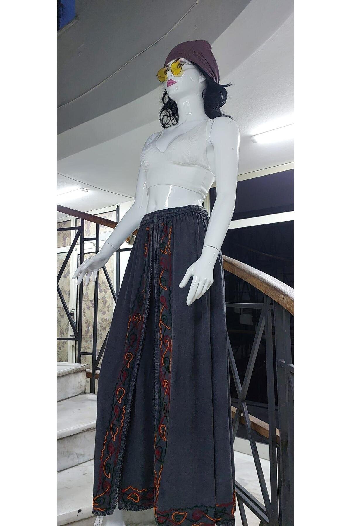 Antrasit Otantik Nakış İşlemeli Harem Şalvar Pantolon - EREN STYLE