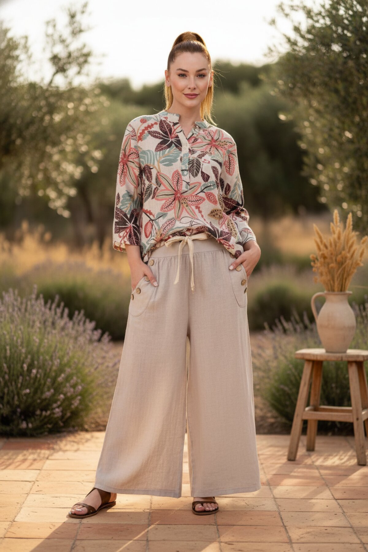 Bej Otantik İtalyan Korsajlı Düğme Detaylı Bol Paça Keten Pantolon - EREN STYLE