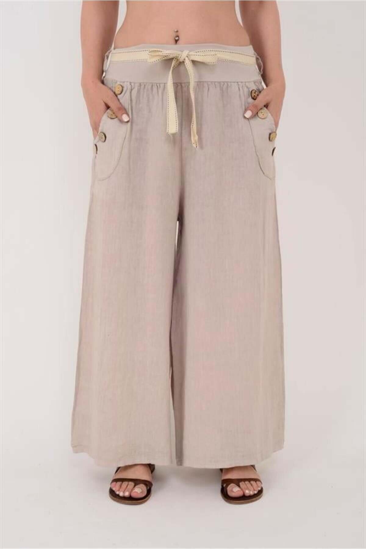 Bej Otantik İtalyan Korsajlı Düğme Detaylı Bol Paça Keten Pantolon - EREN STYLE