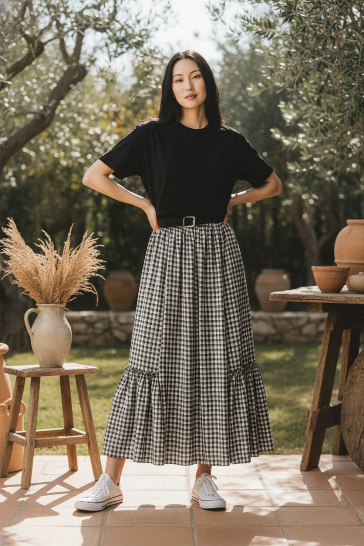 Beyaz Bohem Beli Lastikli Kemerli Şifon Etek - EREN STYLE