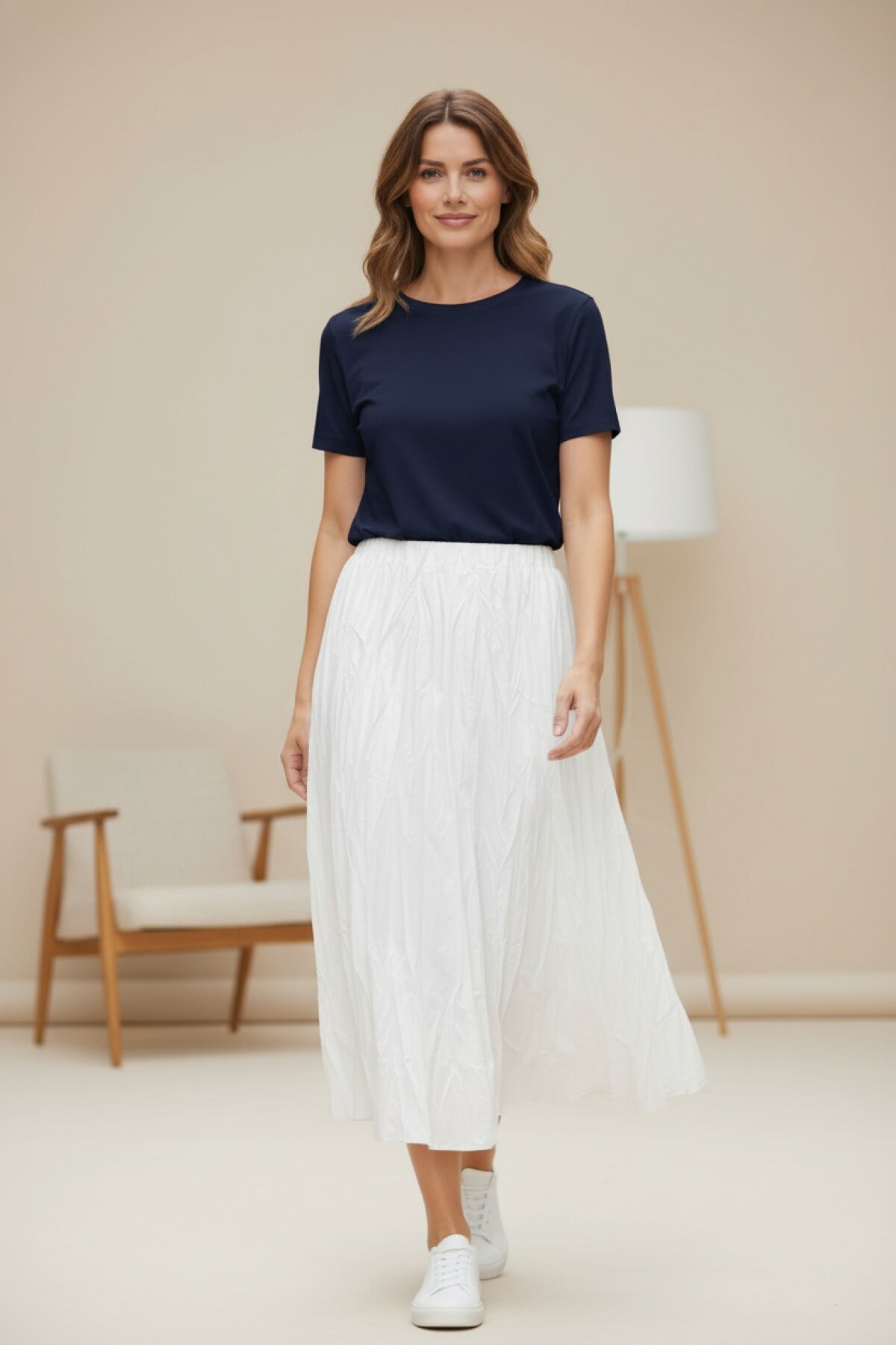 Beyaz Kırışık Beli Lastikli Etek - EREN STYLE