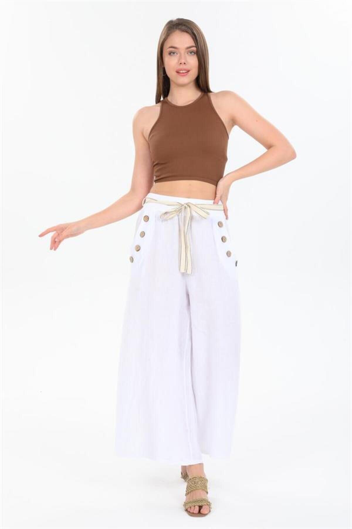 Beyaz Otantik Bol Paçalı İtalyan Korsajlı Düğme Detaylı Kemerli Keten Pantolon - EREN STYLE