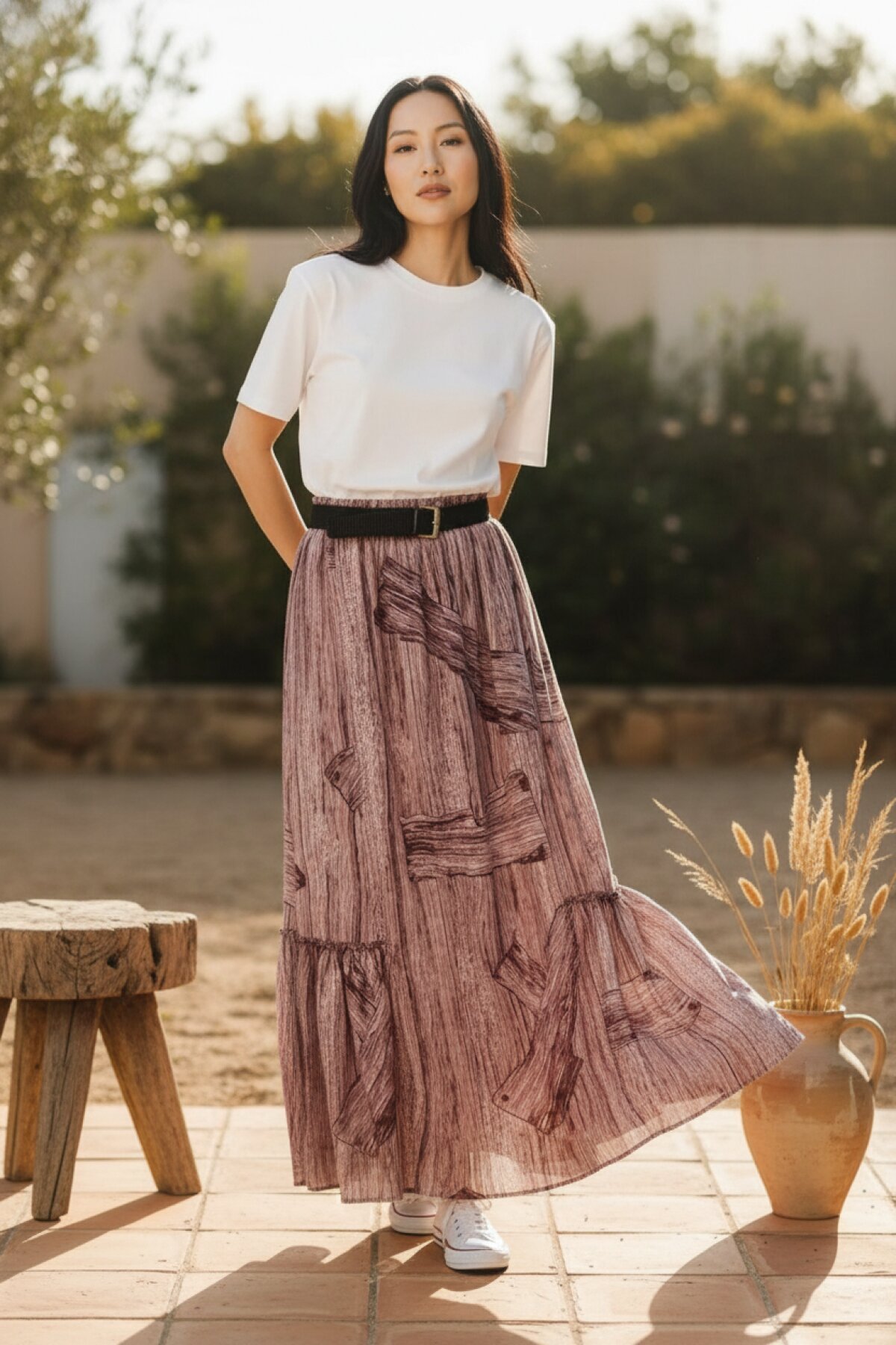 Bordo Bohem Kemerli Beli Lastikli Şifon Etek - EREN STYLE