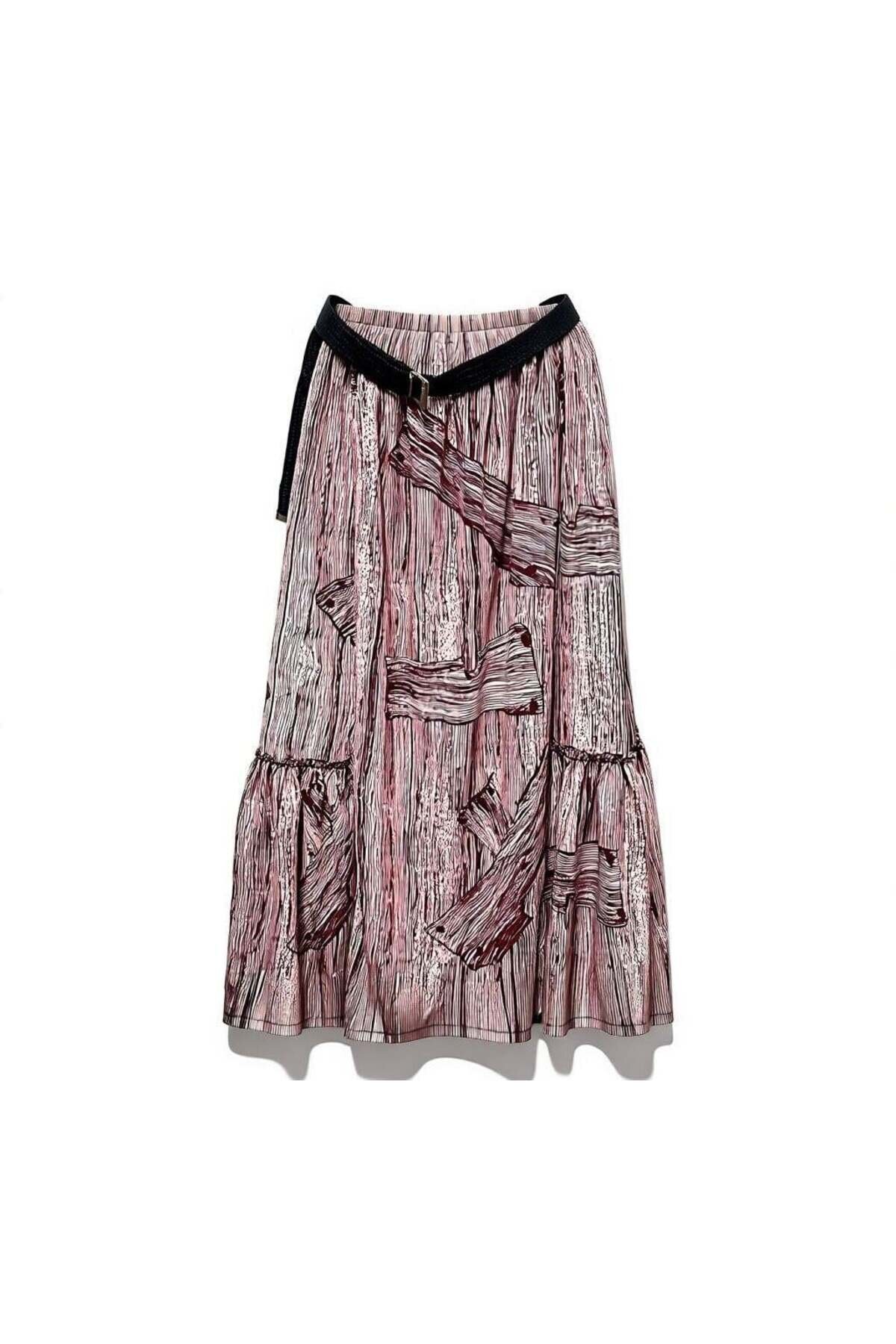 Bohemian Chiffon Elastic Waist Belted Skirt - Burgundy - EREN STYLE