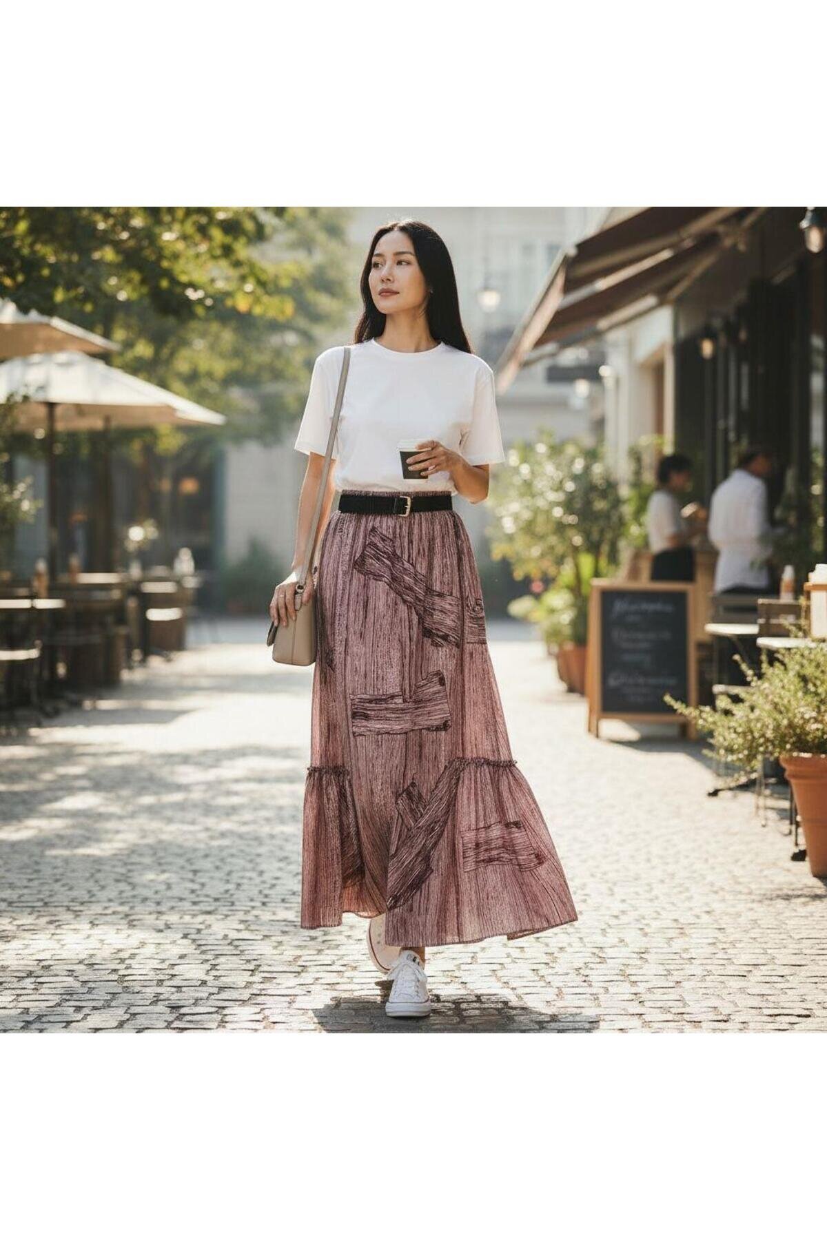 Bohemian Chiffon Elastic Waist Belted Skirt - Burgundy - EREN STYLE