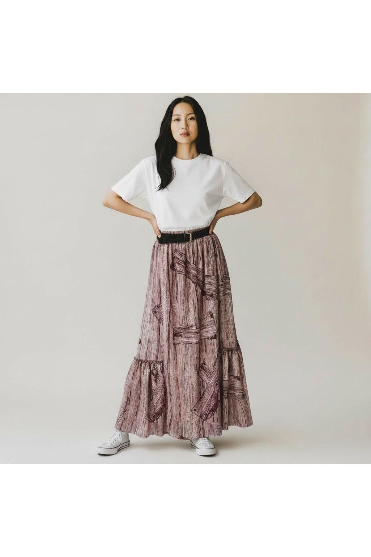 Bohemian Chiffon Elastic Waist Belted Skirt - Burgundy - EREN STYLE