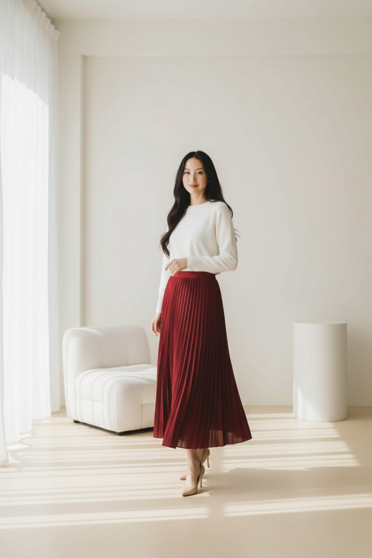 Bordo Pileli Dört Mevsim Pamuklu Dokuma Viskon Etek - EREN STYLE