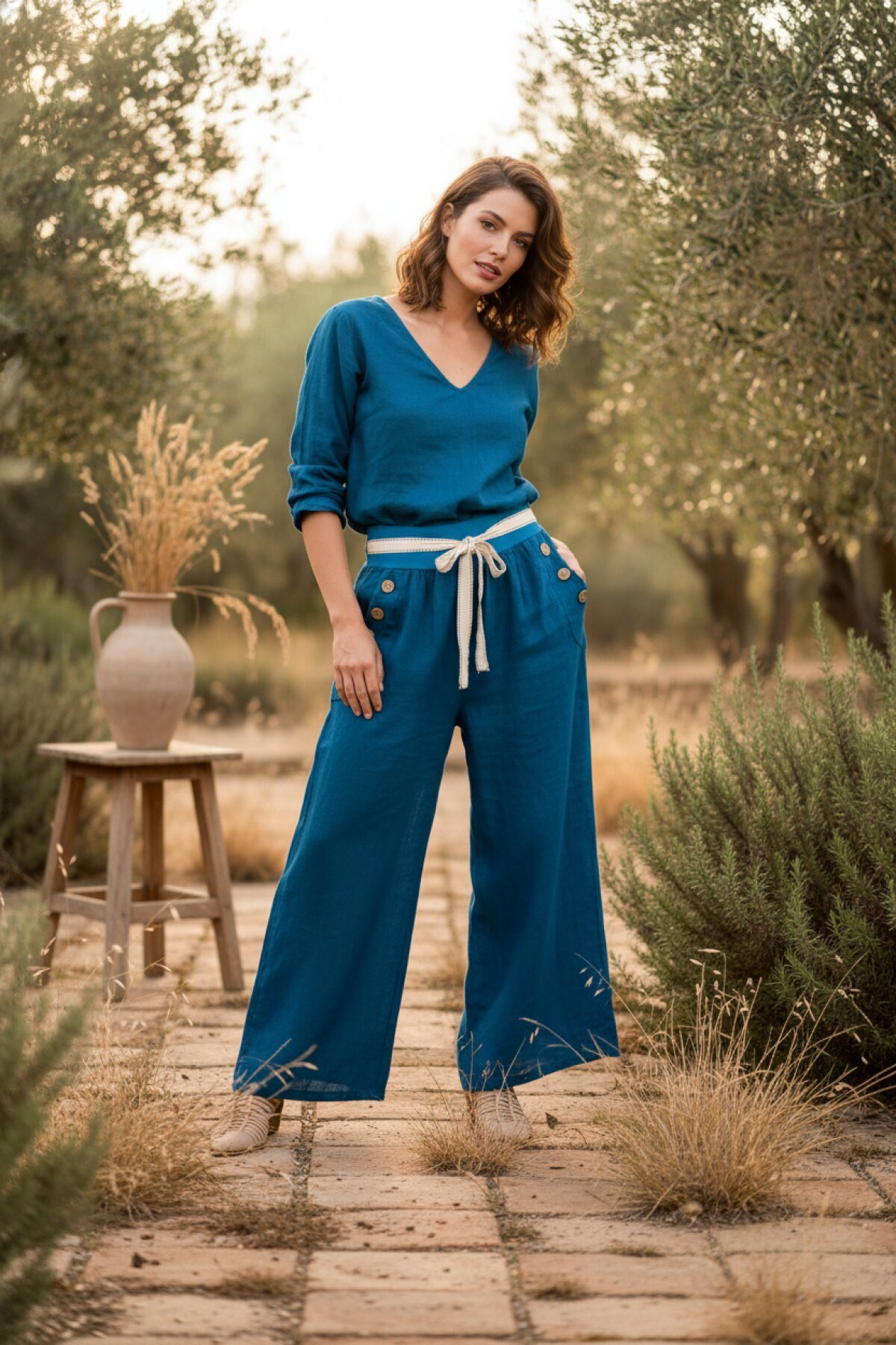 Cam Göbeği Bol Paça İtalyan Korsajlı Düğme Detaylı Kemerli Keten Pantolon - EREN STYLE