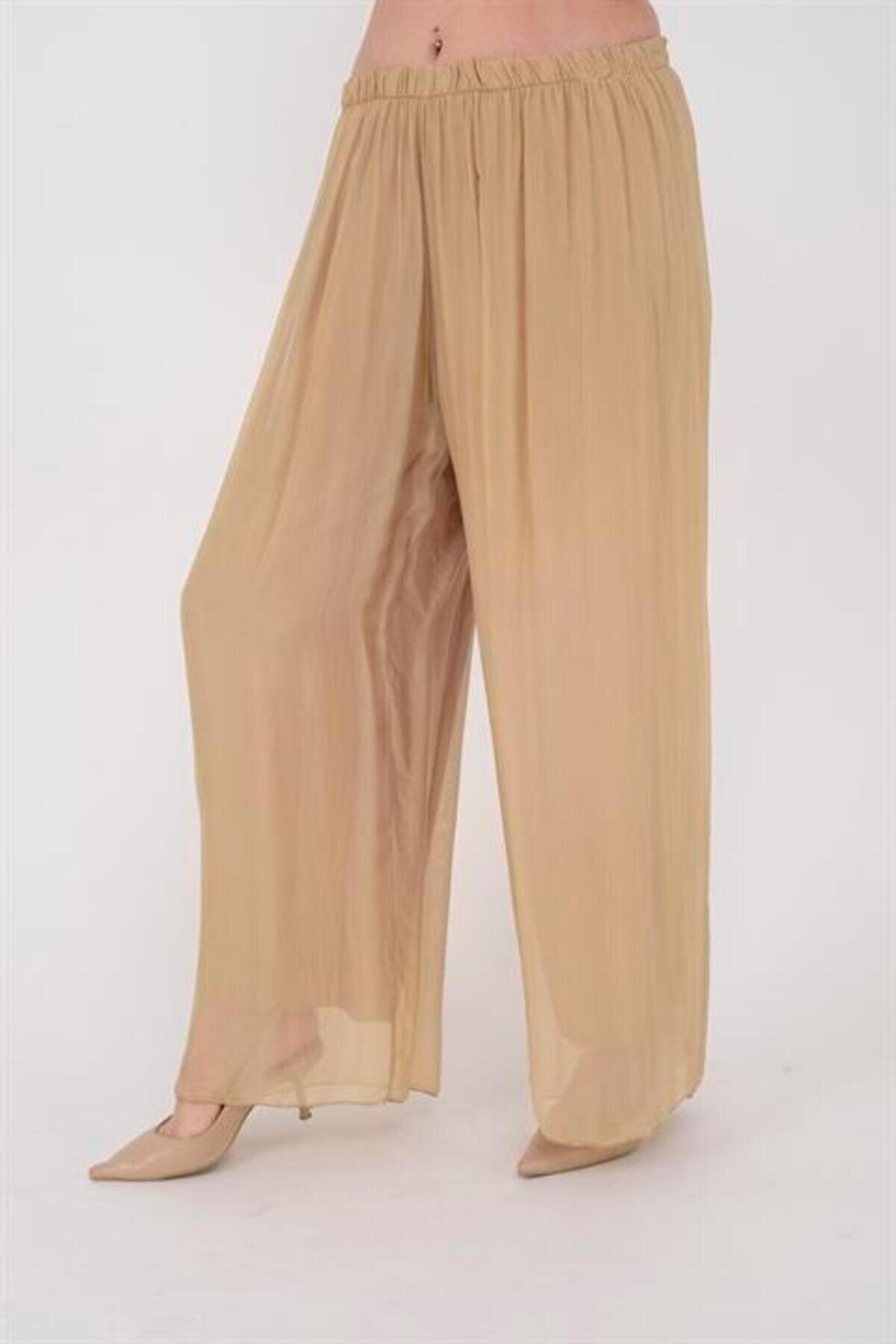 Camel İtalyan Büyük Beden Uyumlu Astarlı Lastikli İpek Pantolon - EREN STYLE