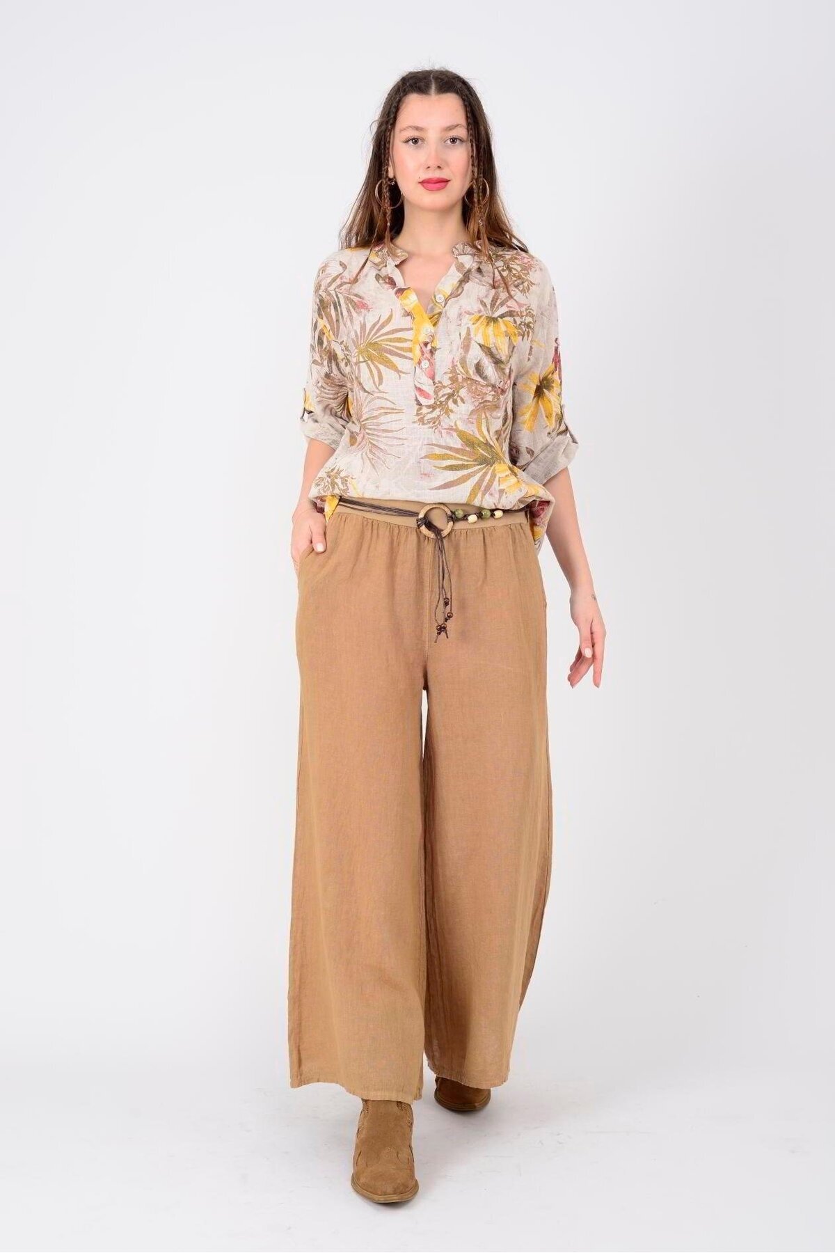 Camel İtalyan Korsajlı Tokalı Kemerli Bol Paça Keten Pantolon - EREN STYLE