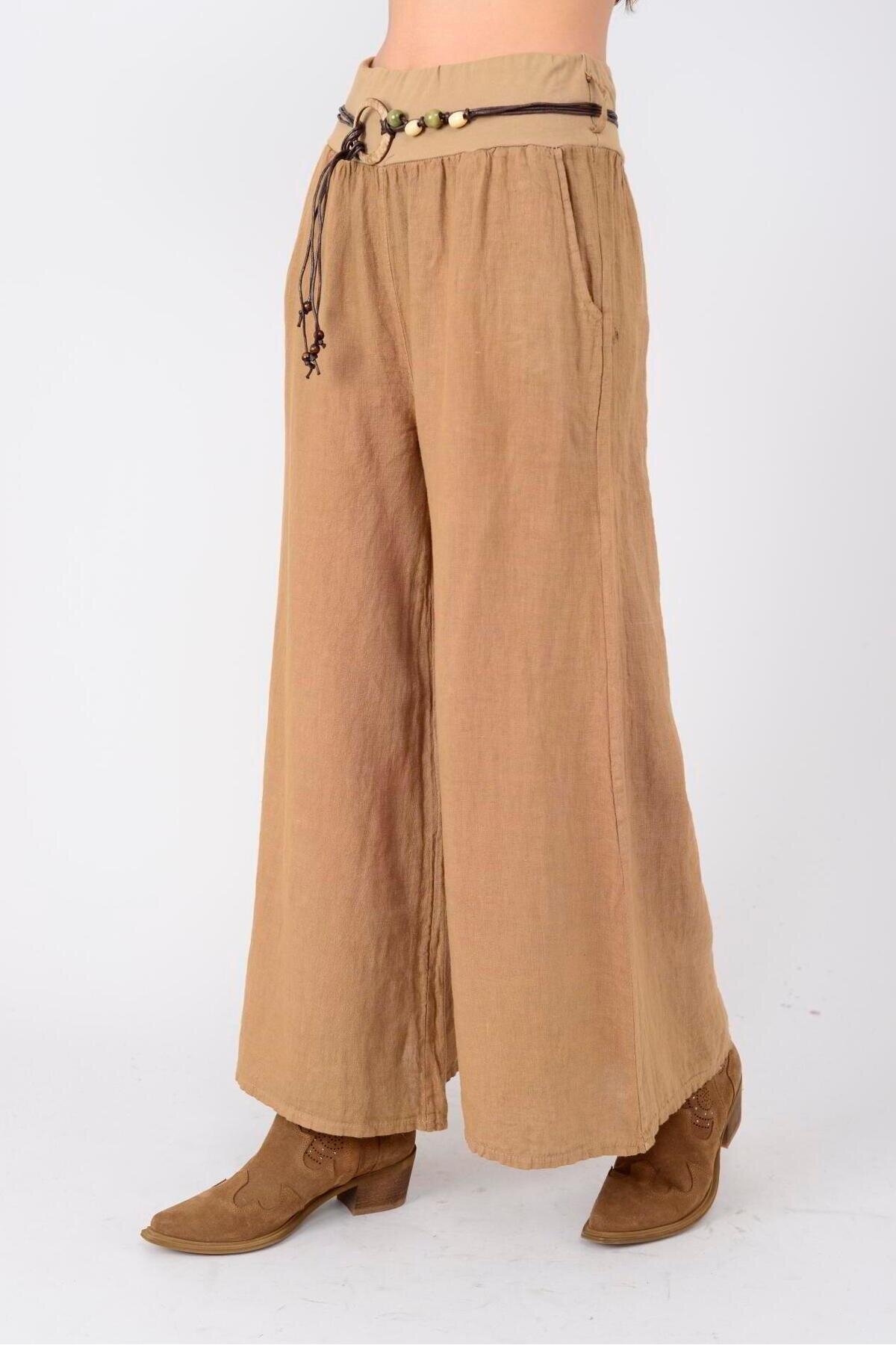 Camel İtalyan Korsajlı Tokalı Kemerli Bol Paça Keten Pantolon - EREN STYLE