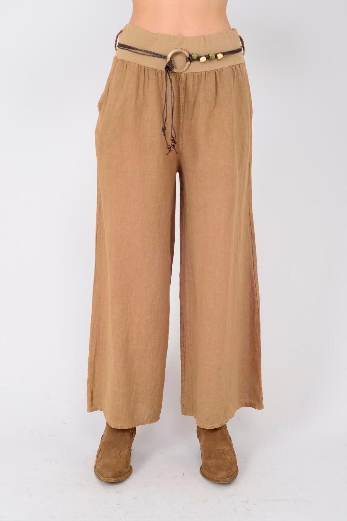 Camel İtalyan Korsajlı Tokalı Kemerli Bol Paça Keten Pantolon - EREN STYLE