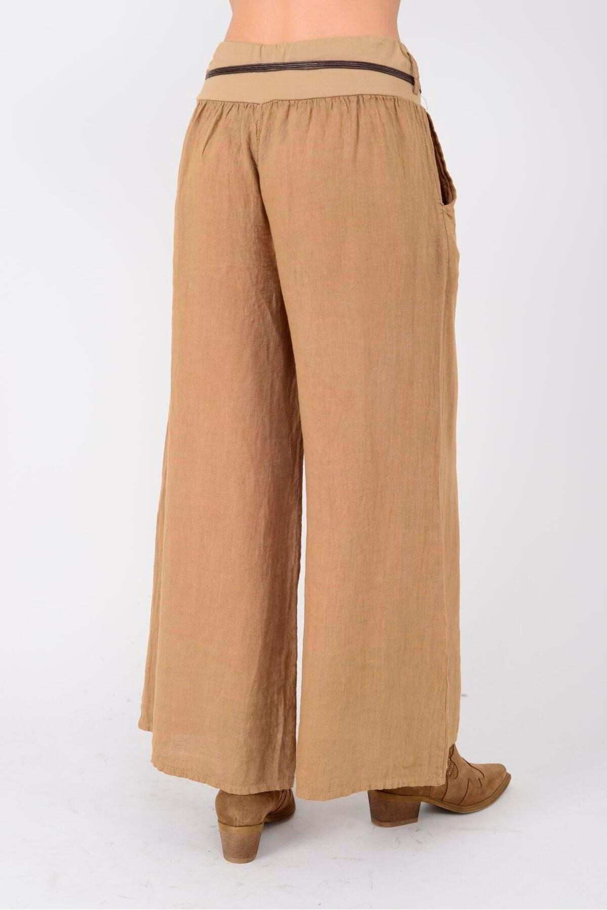 Camel İtalyan Korsajlı Tokalı Kemerli Bol Paça Keten Pantolon - EREN STYLE