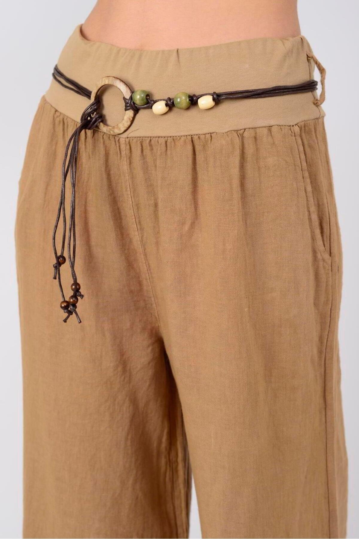Camel İtalyan Korsajlı Tokalı Kemerli Bol Paça Keten Pantolon - EREN STYLE