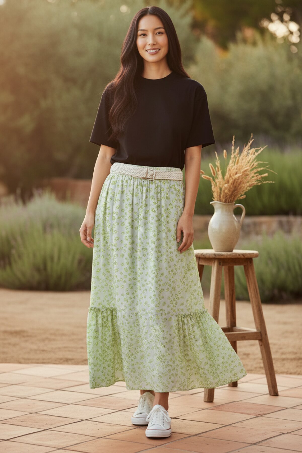 Fıstık Yeşili Bohem Kemerli Beli Lastikli Şifon Etek - EREN STYLE