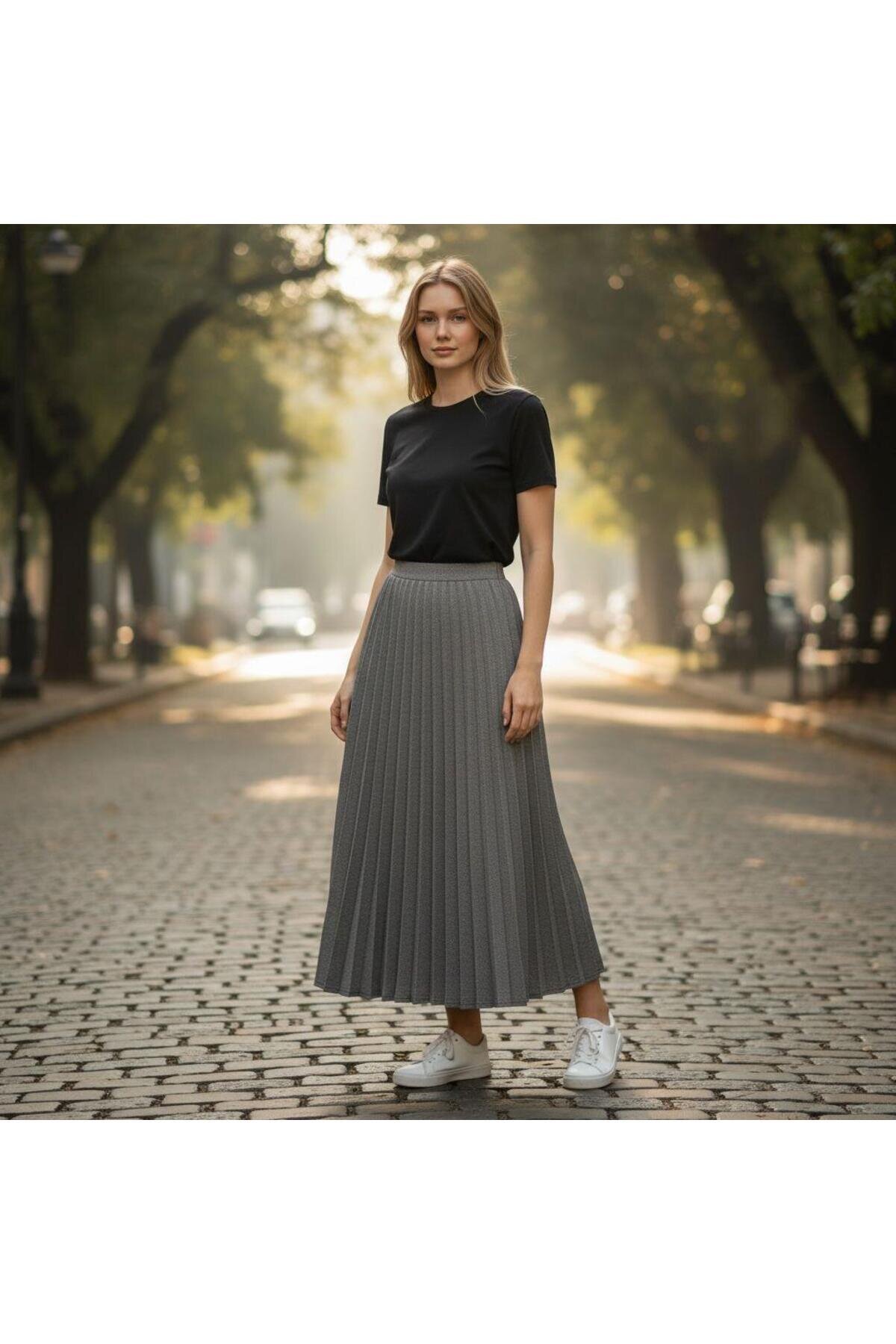 Pleated Diagonal Cotton Elastic-Waist Skirt - Gray - EREN STYLE