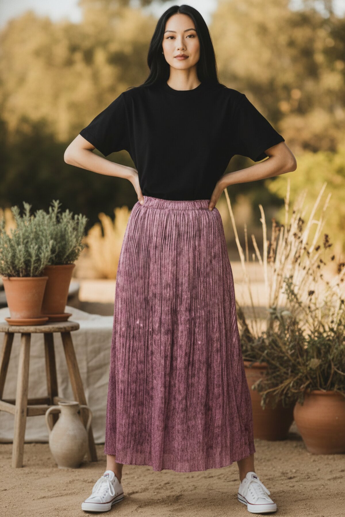 Gül Kurusu Pileli Beli Lastikli Şifon Etek - EREN STYLE