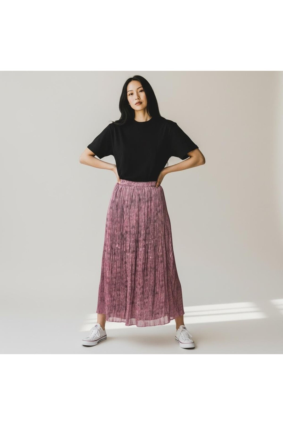 Pleated Chiffon Elastic Waist Skirt - Dried Rose - EREN STYLE