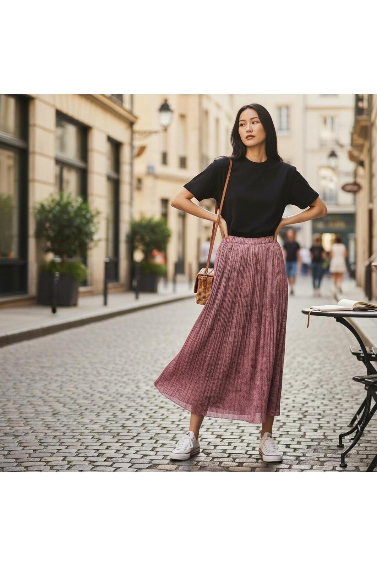Pleated Chiffon Elastic Waist Skirt - Dried Rose - EREN STYLE