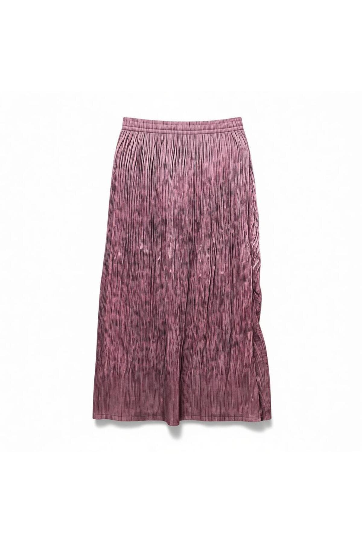 Pleated Chiffon Elastic Waist Skirt - Dried Rose - EREN STYLE