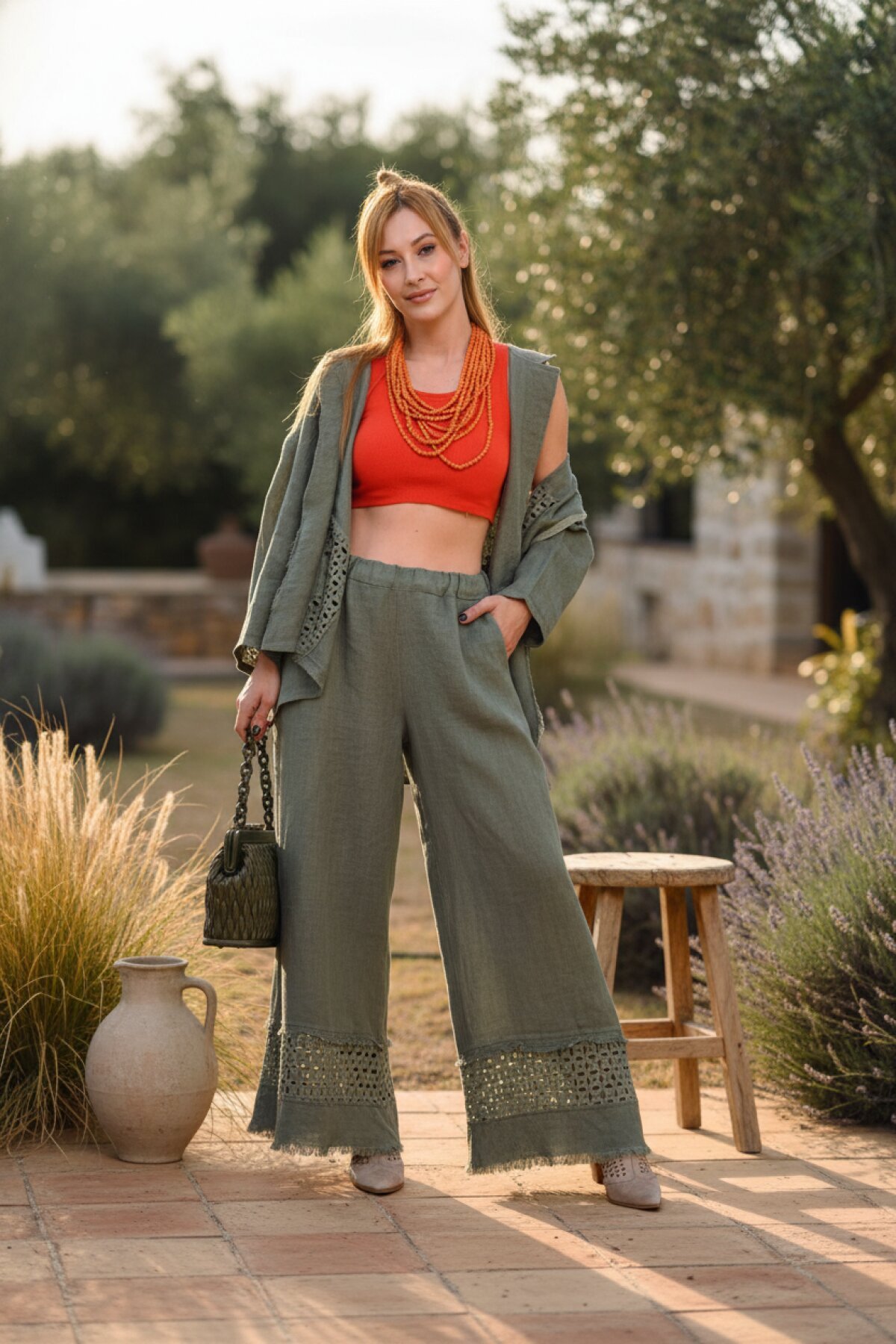 Haki İtalyan Fisto Paça Detaylı Keten Pantolon - EREN STYLE