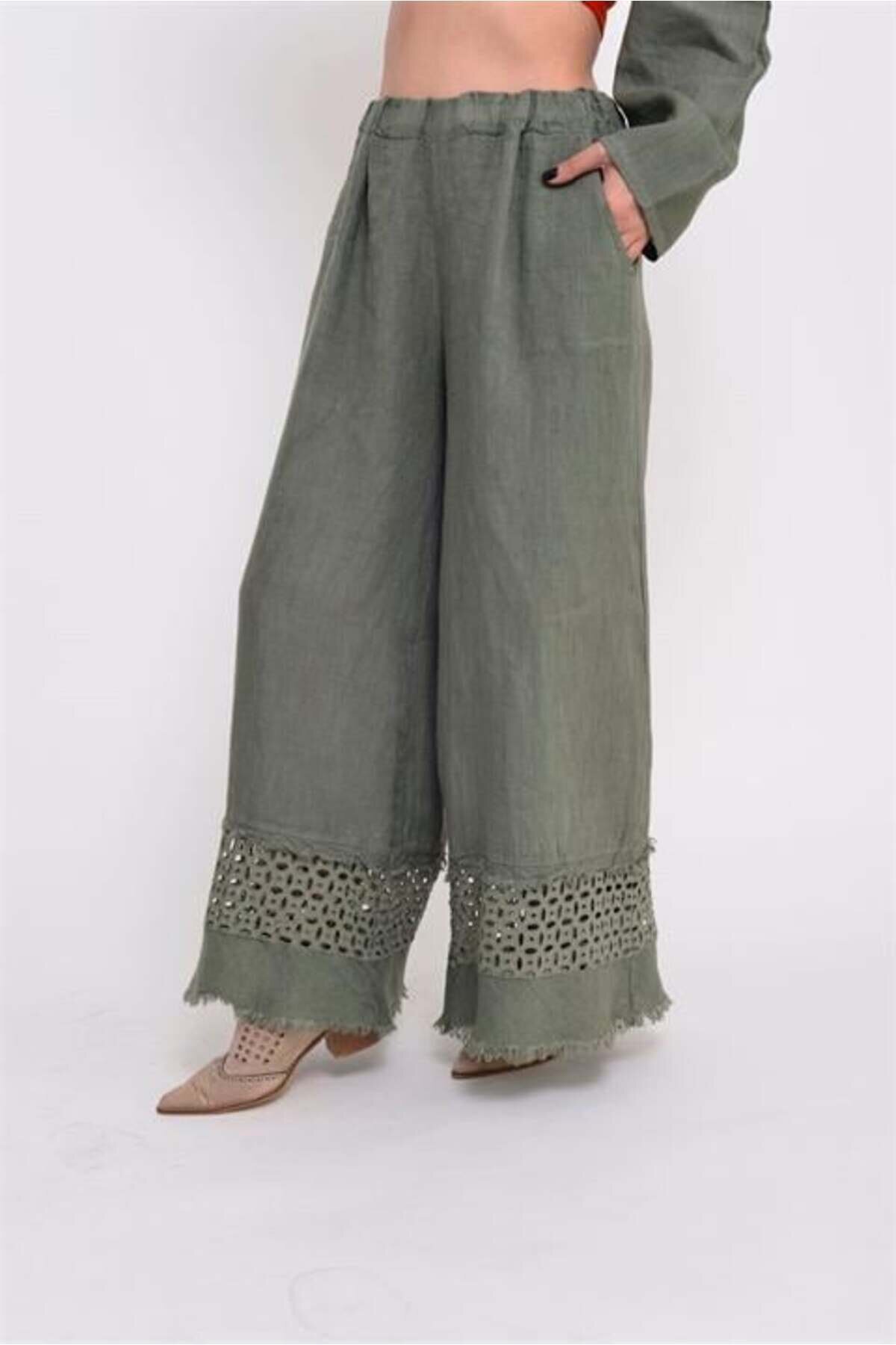 Italian Eyelet Hem Linen Pants - Khaki - EREN STYLE