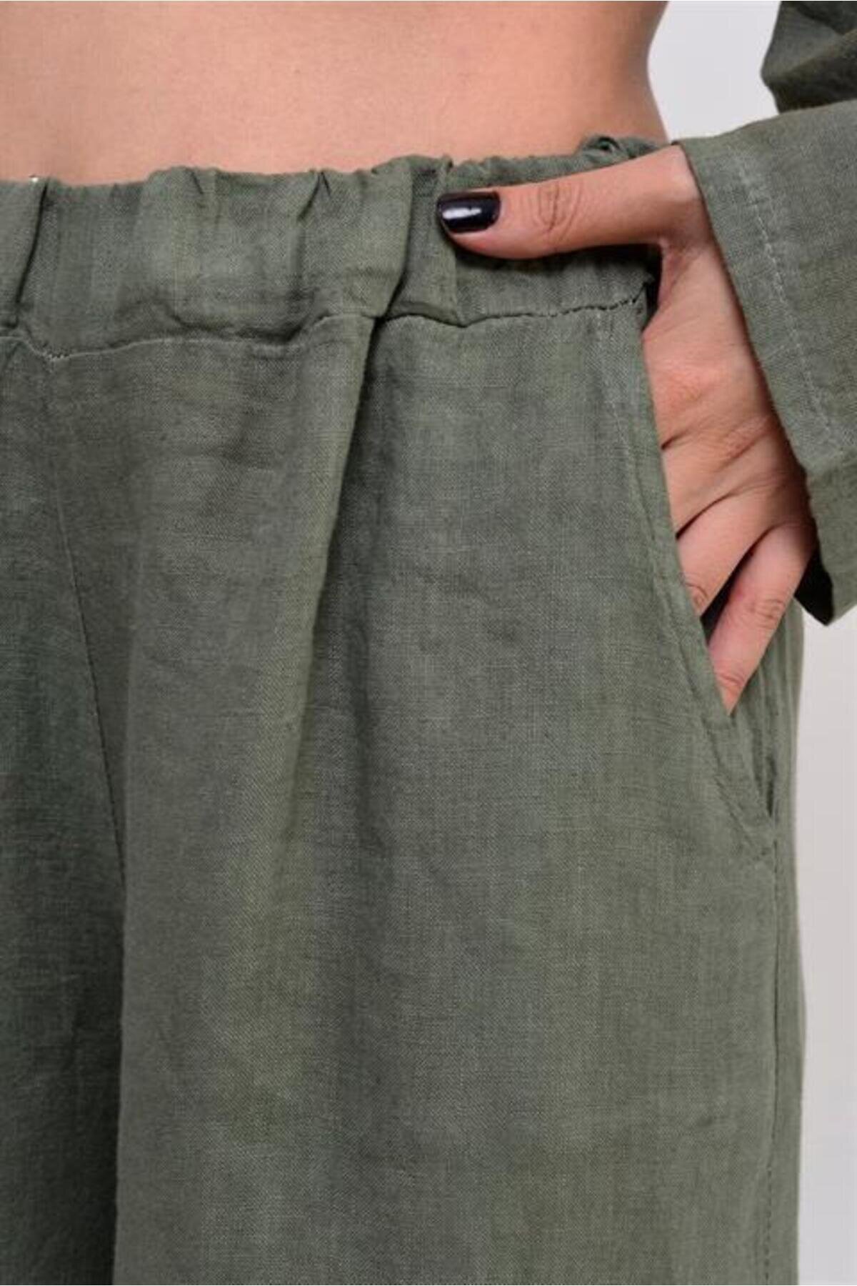 Italian Eyelet Hem Linen Pants - Khaki - EREN STYLE