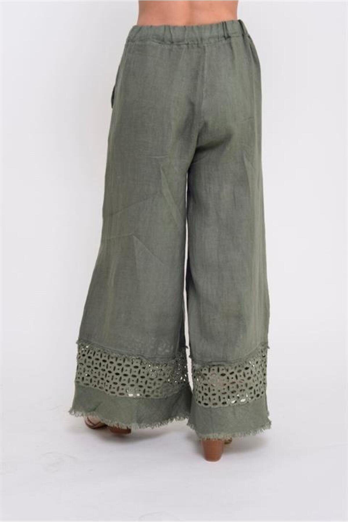 Italian Eyelet Hem Linen Pants - Khaki - EREN STYLE