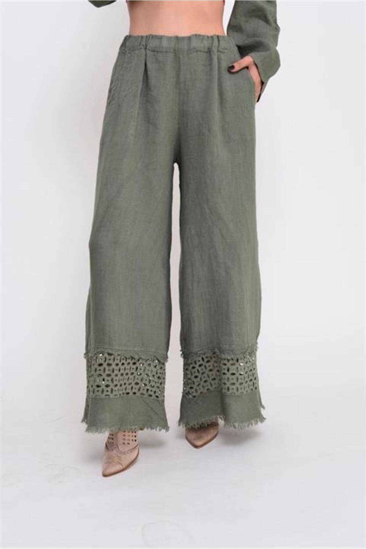 Italian Eyelet Hem Linen Pants - Khaki - EREN STYLE