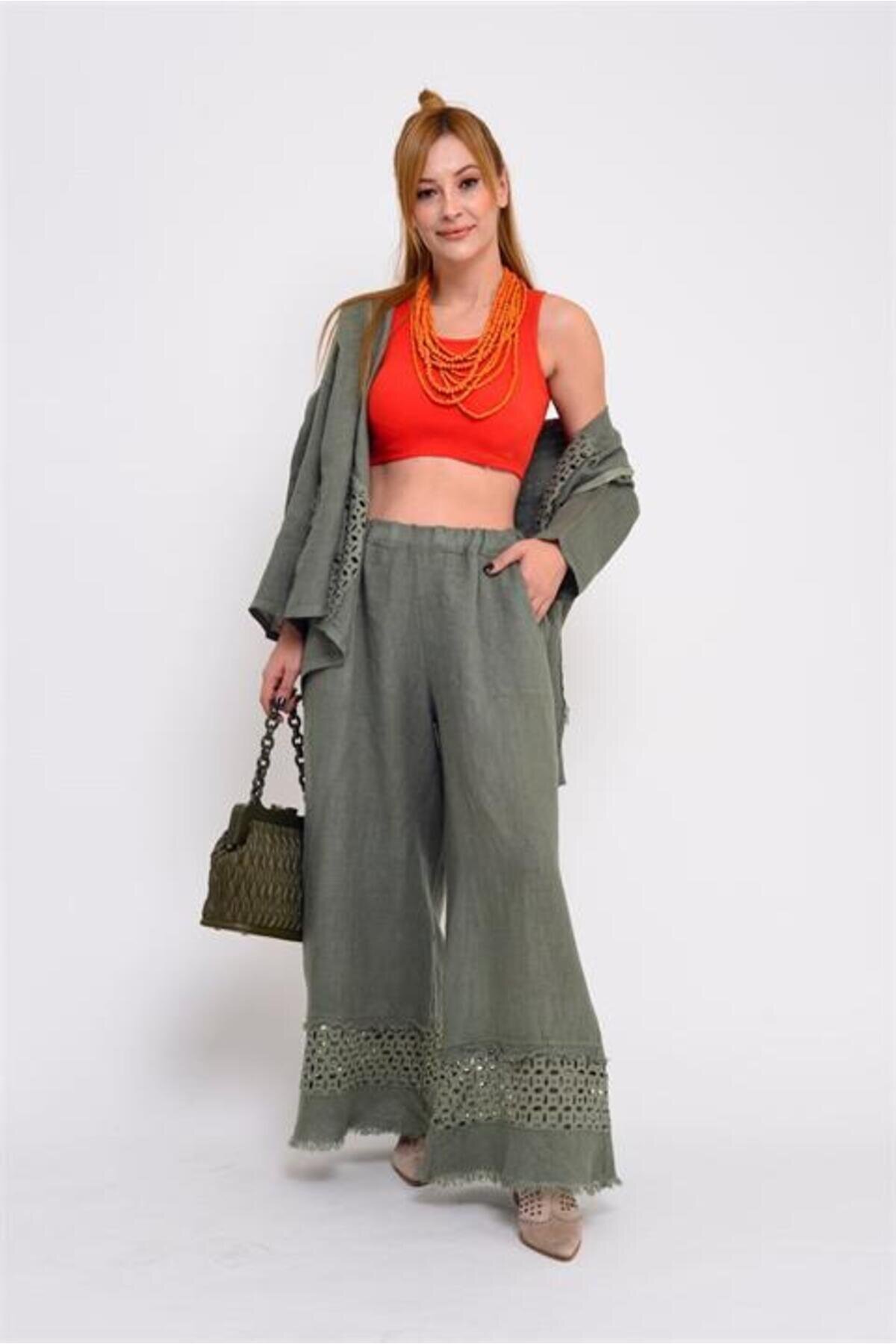 Italian Eyelet Hem Linen Pants - Khaki - EREN STYLE