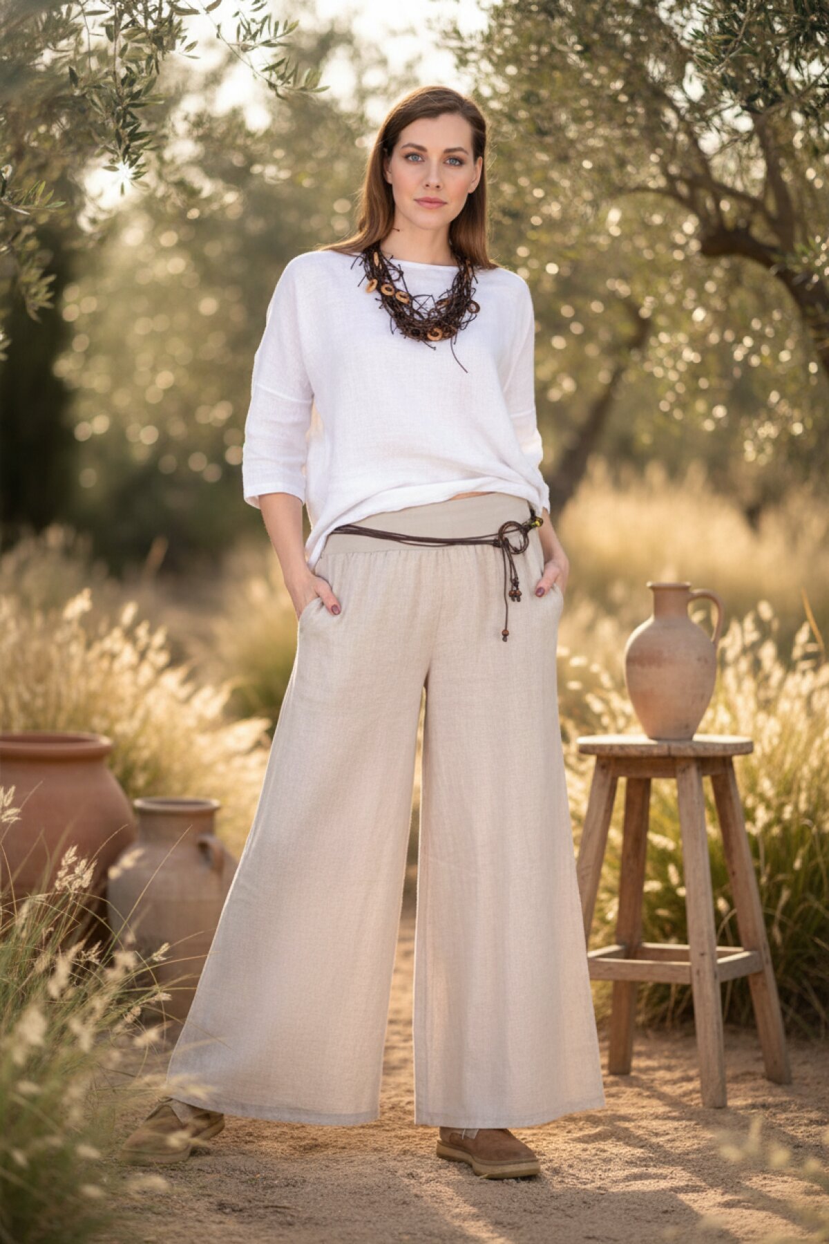 Krem İtalyan Korsajlı Tokalı Kemerli Bol Paça Keten Pantolon - EREN STYLE