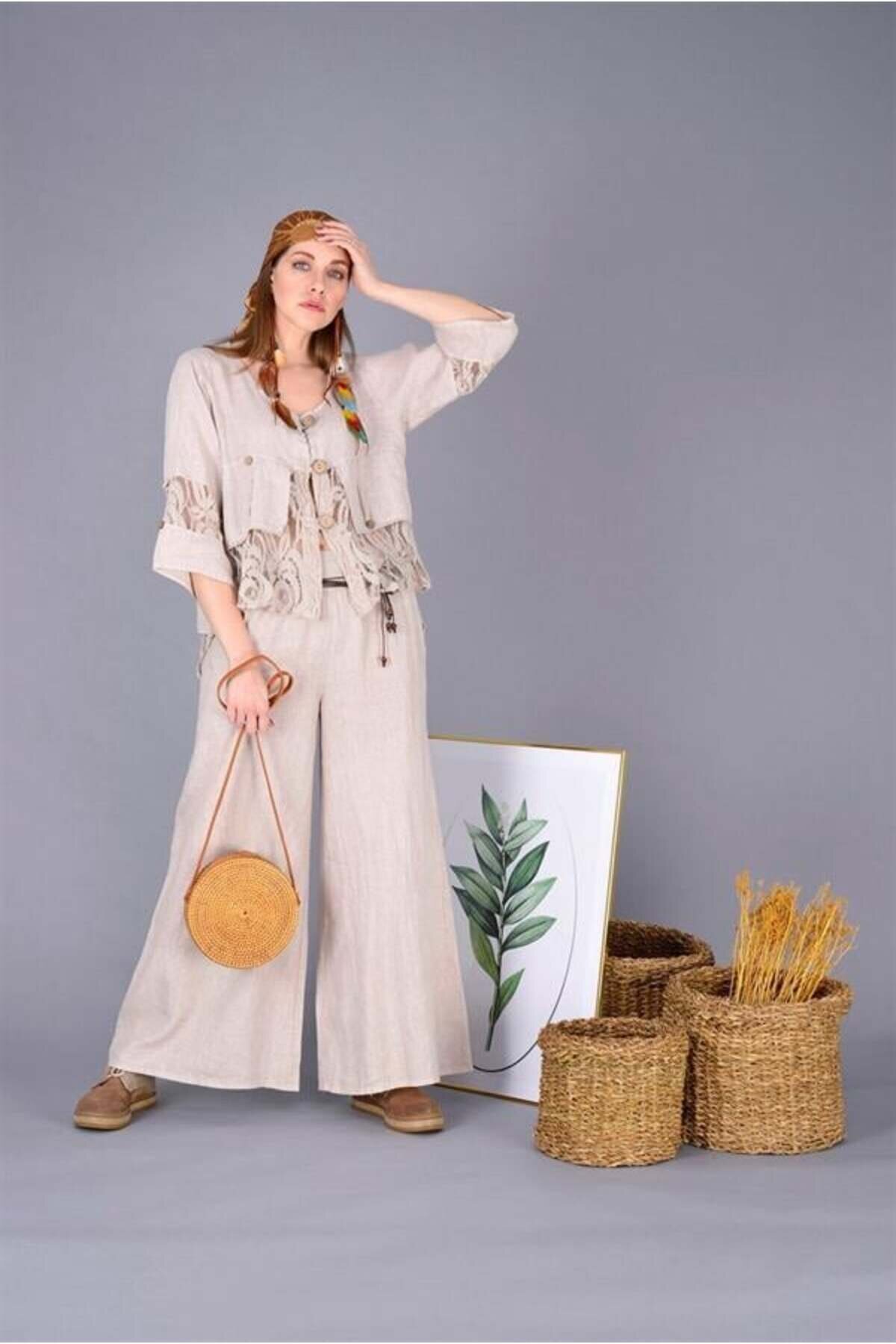 Krem İtalyan Korsajlı Tokalı Kemerli Bol Paça Keten Pantolon - EREN STYLE