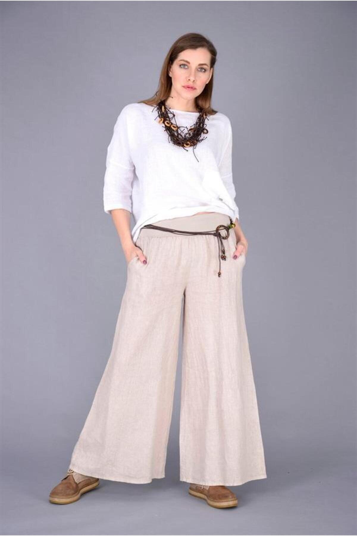 Krem İtalyan Korsajlı Tokalı Kemerli Bol Paça Keten Pantolon - EREN STYLE