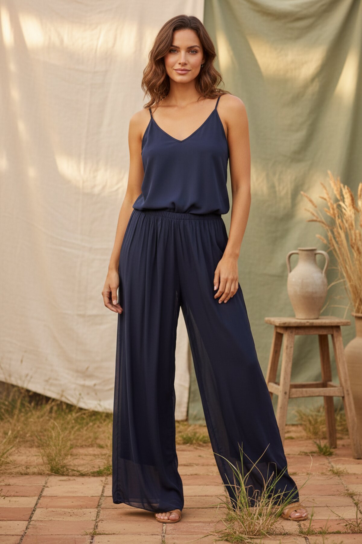 Lacivert İtalyan Büyük Beden Uyumlu Astarlı Lastikli İpek Pantolon - EREN STYLE