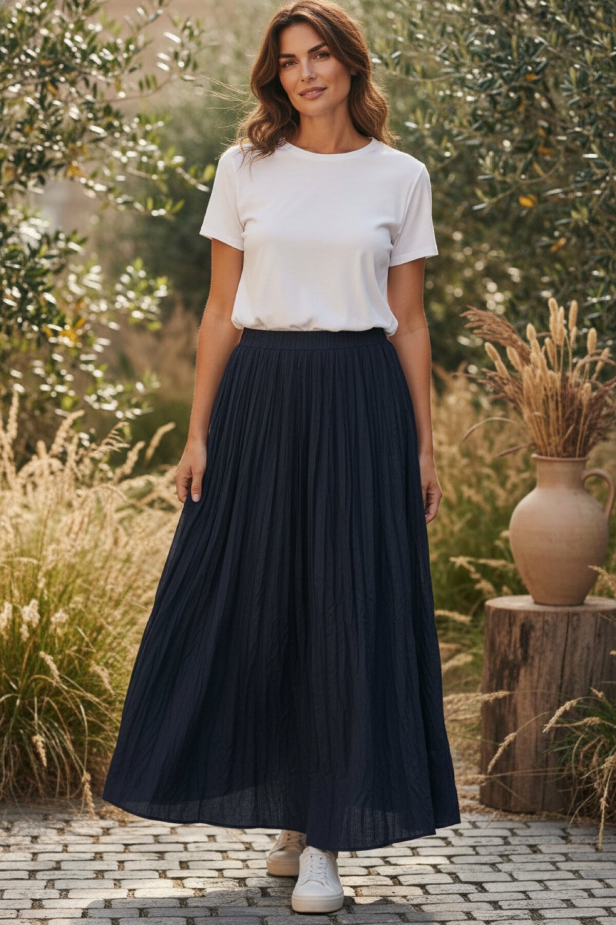 Lacivert Kırışık Beli Lastikli Etek - EREN STYLE