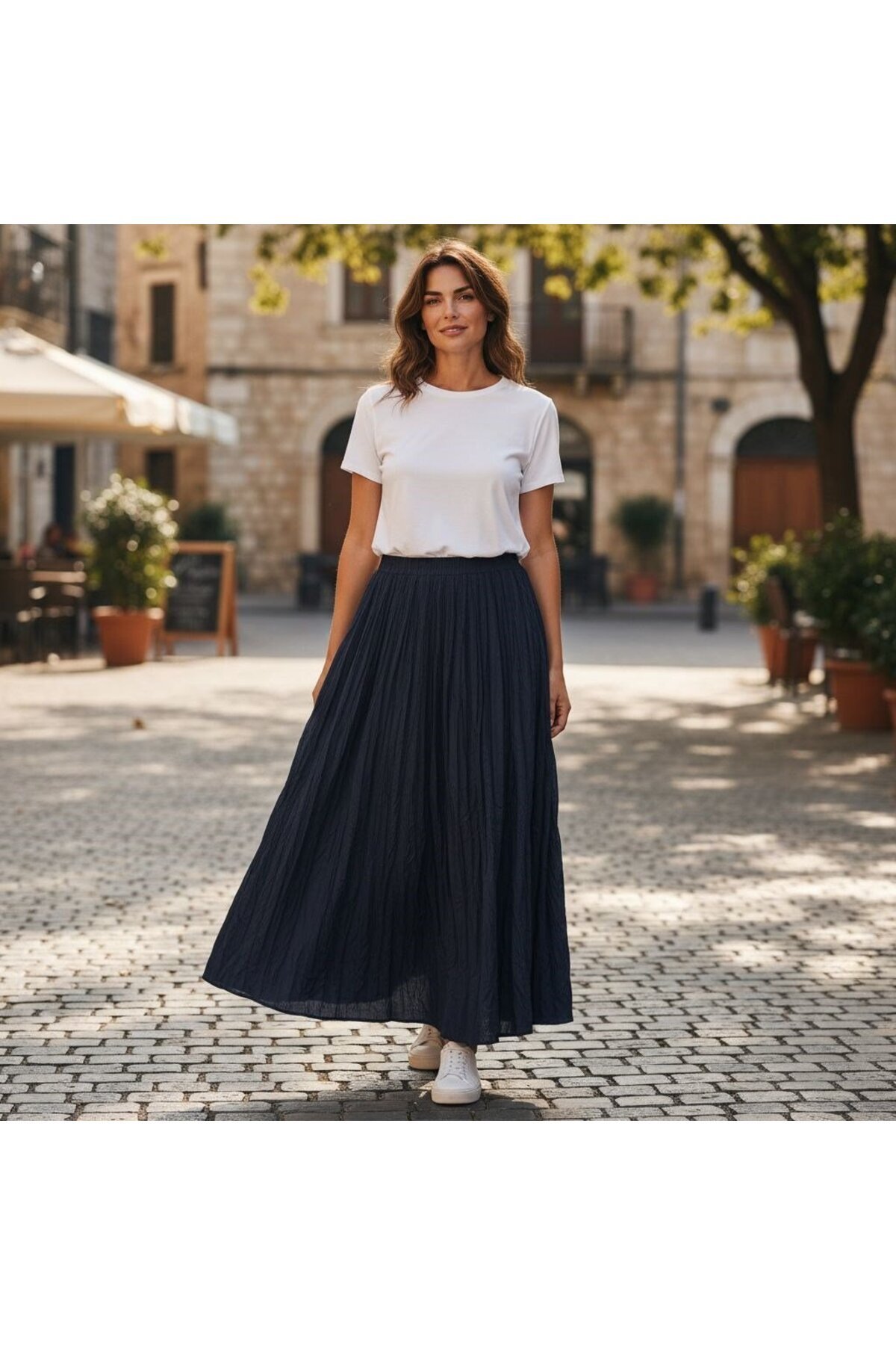 Lacivert Kırışık Beli Lastikli Etek - EREN STYLE