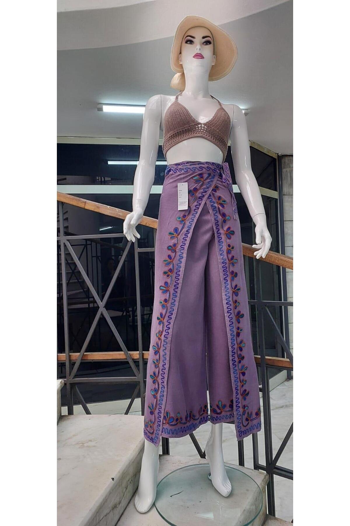 Lila Otantik Nakış İşlemeli Harem Şalvar Bulmaca Pantolon - EREN STYLE