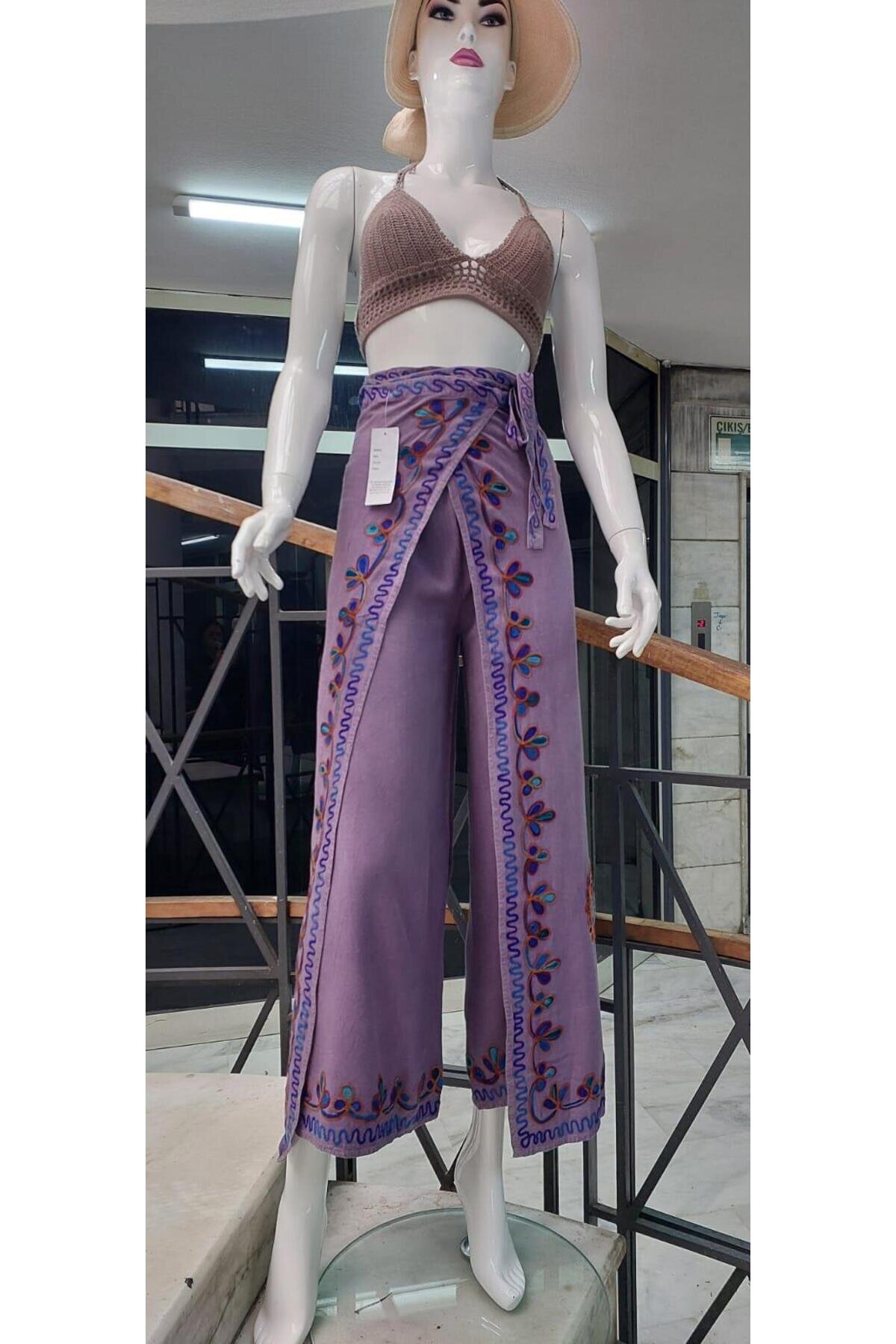 Lila Otantik Nakış İşlemeli Harem Şalvar Bulmaca Pantolon - EREN STYLE