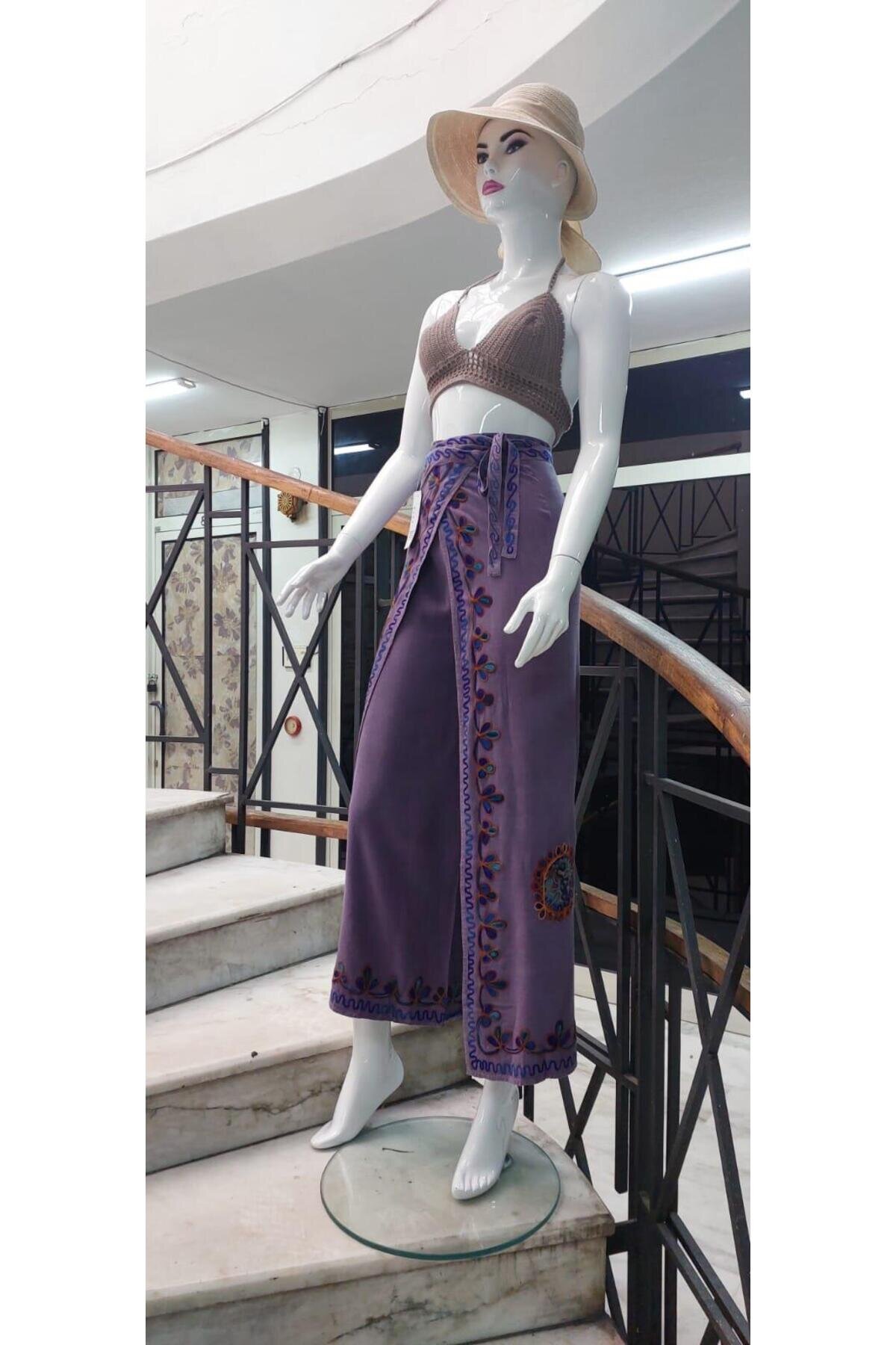 Lila Otantik Nakış İşlemeli Harem Şalvar Bulmaca Pantolon - EREN STYLE