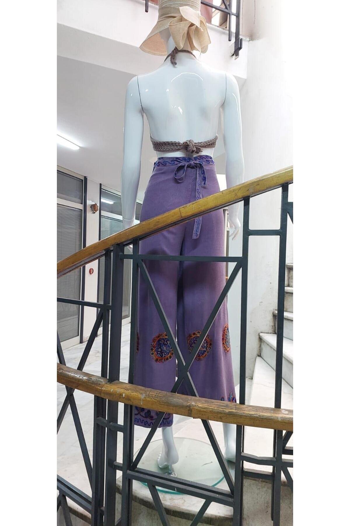 Lila Otantik Nakış İşlemeli Harem Şalvar Bulmaca Pantolon - EREN STYLE