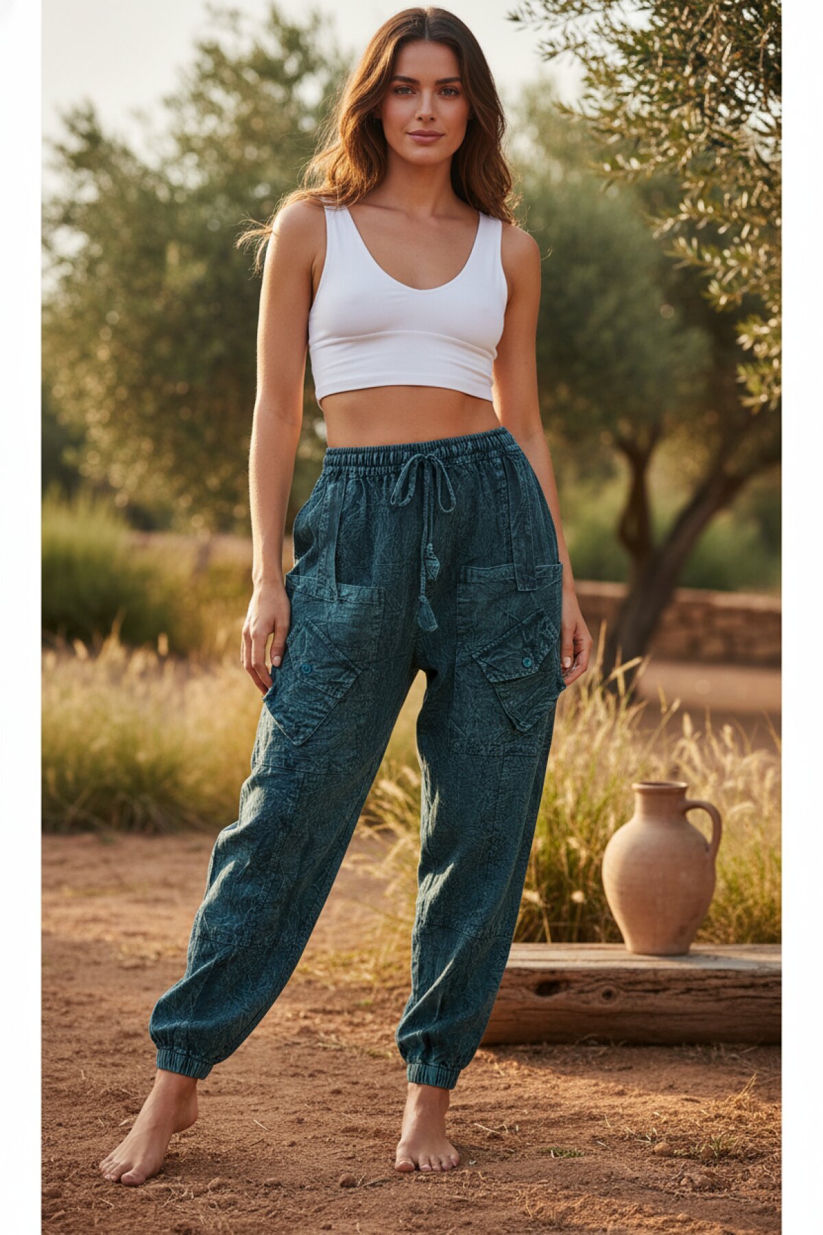 Mavi Hint Otantik Taşlanmış Yıkamalı Kapaklı Uniseks Şalvar Pantolon - EREN STYLE