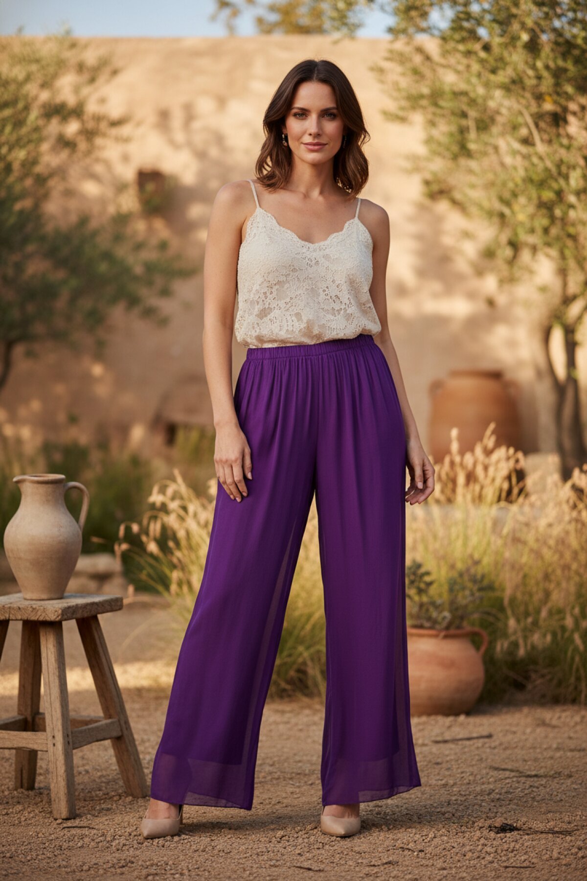 Mor İtalyan Büyük Beden Uyumlu Astarlı Lastikli İpek Pantolon - EREN STYLE