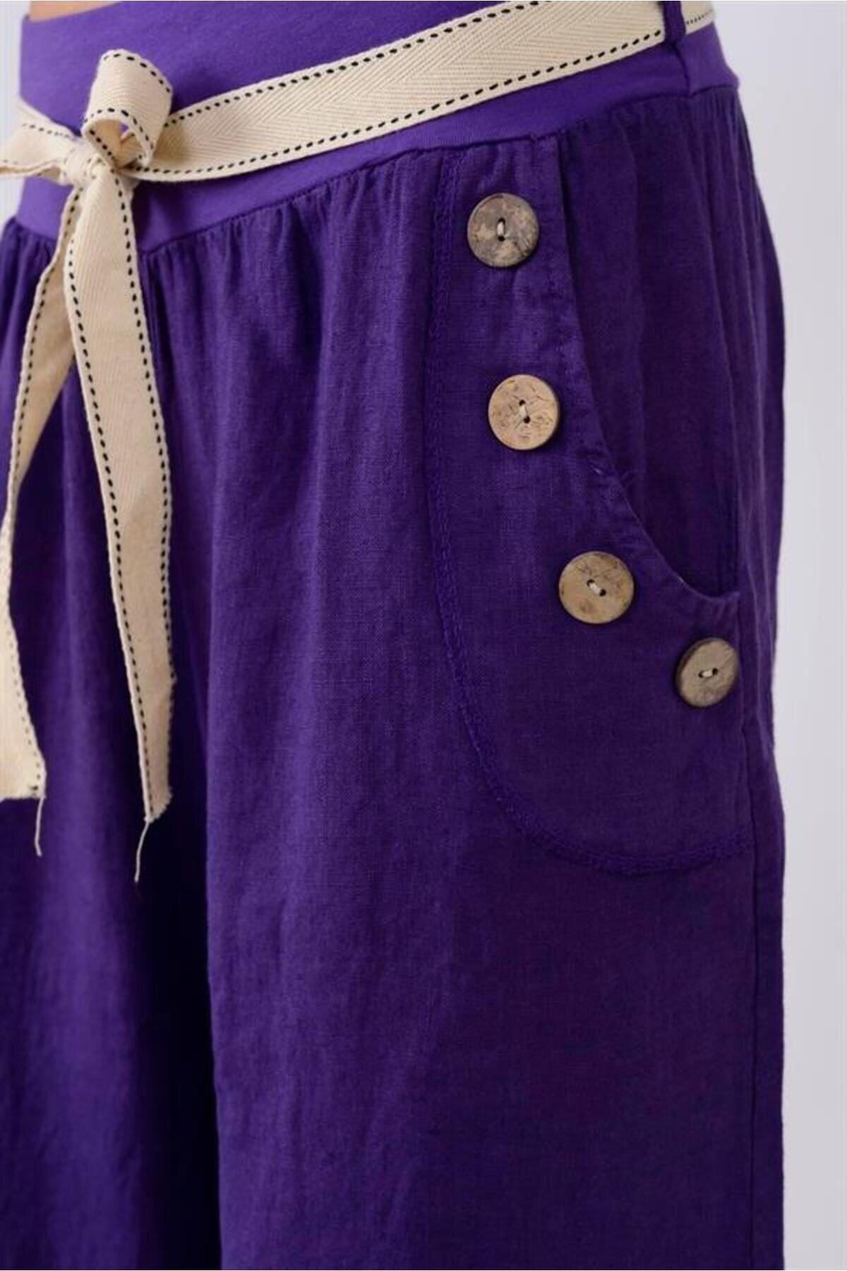 Mor Otantik Bol Paça İtalyan Korsajlı Düğme Detaylı Keten Pantolon - EREN STYLE