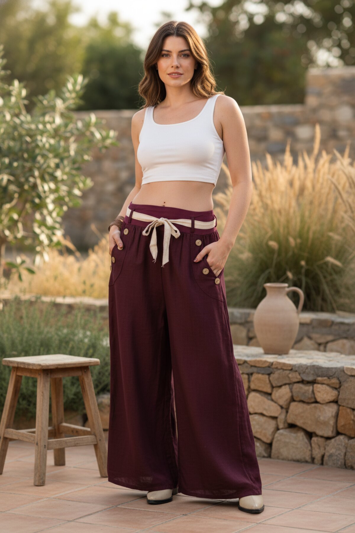 Mürdüm Otantik Bol Paça İtalyan Korsajlı Düğme Detaylı Keten Pantolon - EREN STYLE