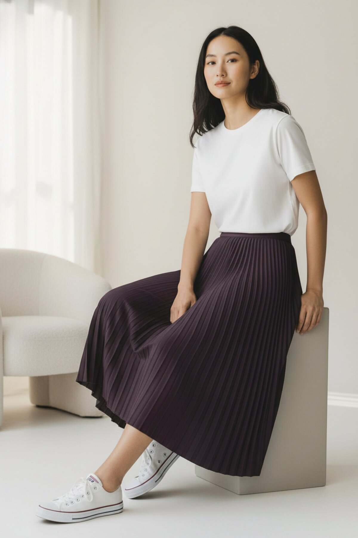 Mürdüm Pileli Dört Mevsim Pamuklu Dokuma Viskon Etek - EREN STYLE