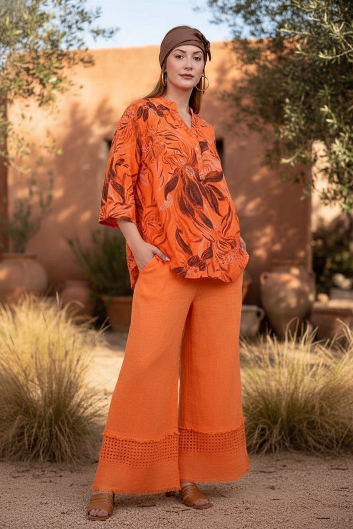 Oranj İtalyan Fisto Paça Detaylı Keten Pantolon - EREN STYLE