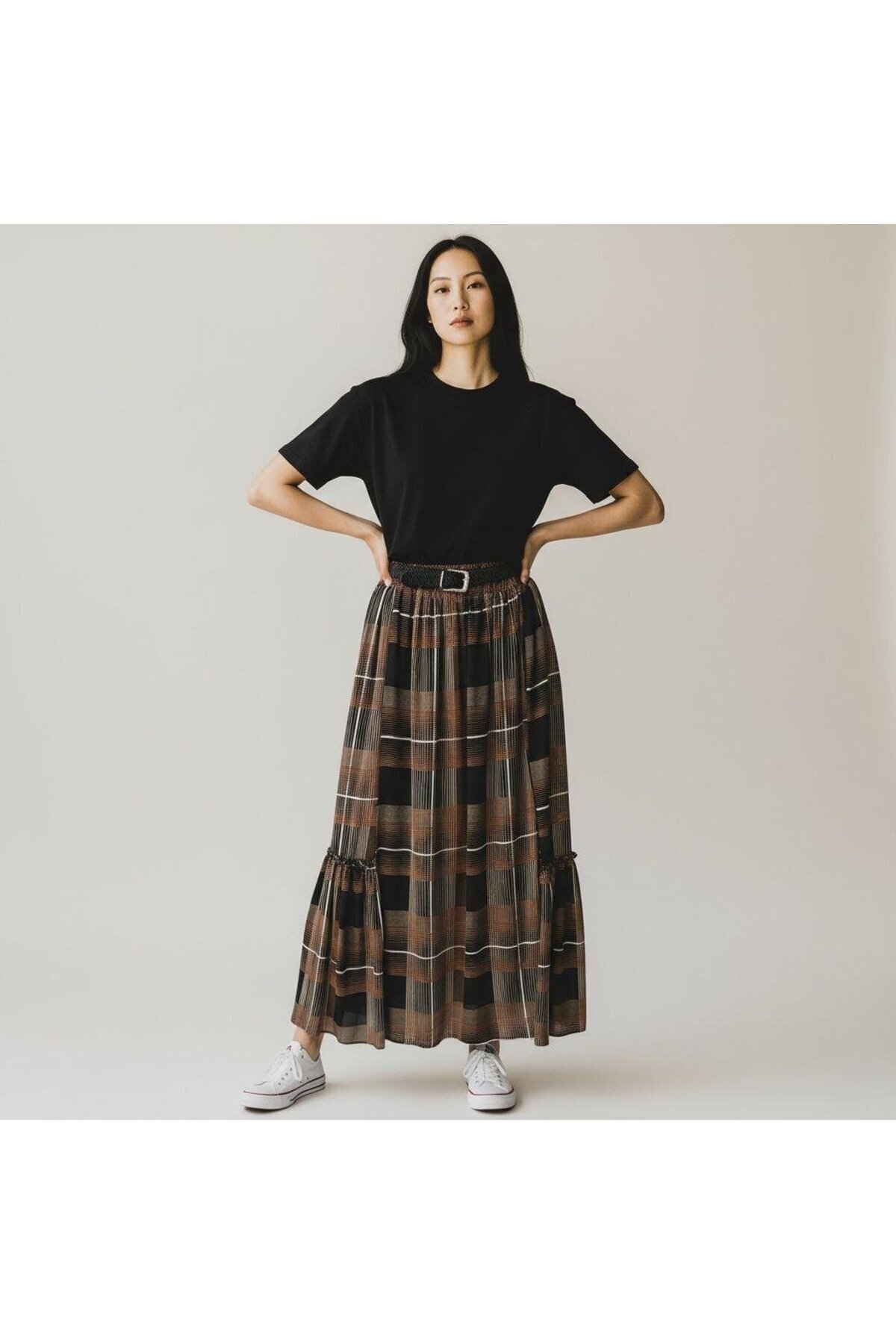 Bohemian Chiffon Elastic Waist Belted Skirt - Black - EREN STYLE